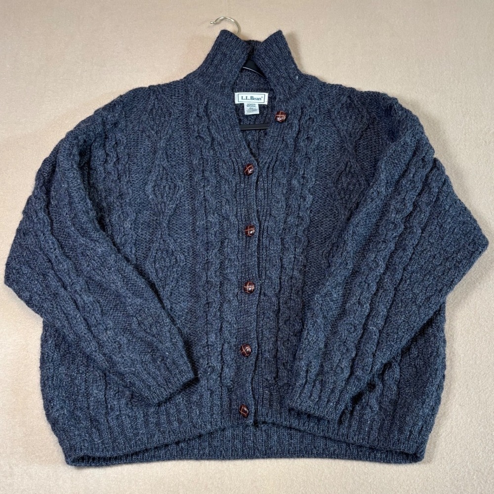 LL Bean Womens XL 100% Wool Cable Knit Cardigan Sweater Gray Ireland BA67